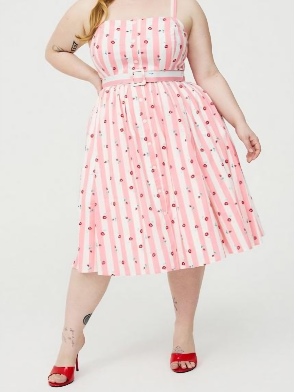 torrid Pink & White Stripe Midi Dress with Cherry Print And Belt